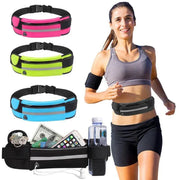 Running pouch belt in various colors, featuring pockets for phone and essentials, ideal for workouts and jogging.