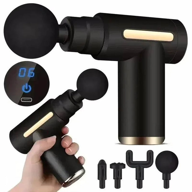 USB Mini Gun Muscle Massage Machine, relaxation vibrating tool with attachments, black color.