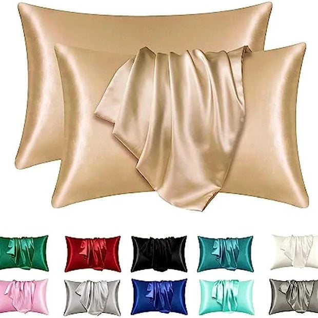 Silky satin pillowcases in various colors, cooling and skin-friendly.